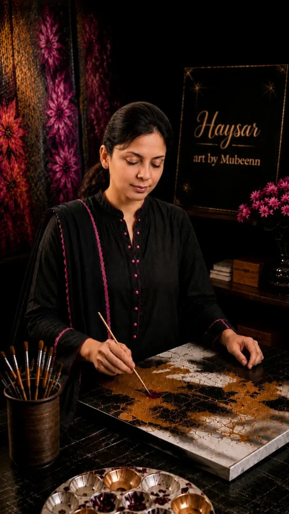 Artist Mubeenn creating a handmade artwork for Haysar Art