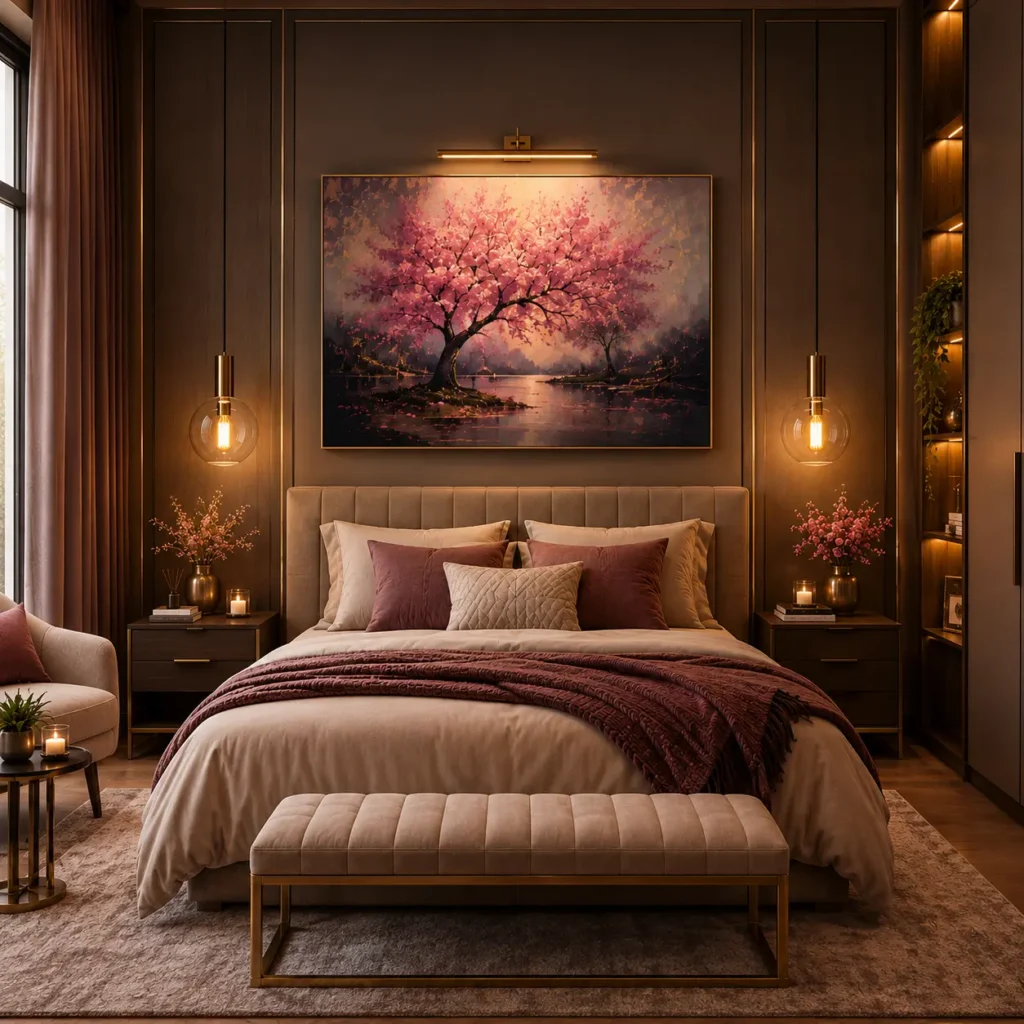 Luxury bedroom featuring a pink cherry blossom artwork