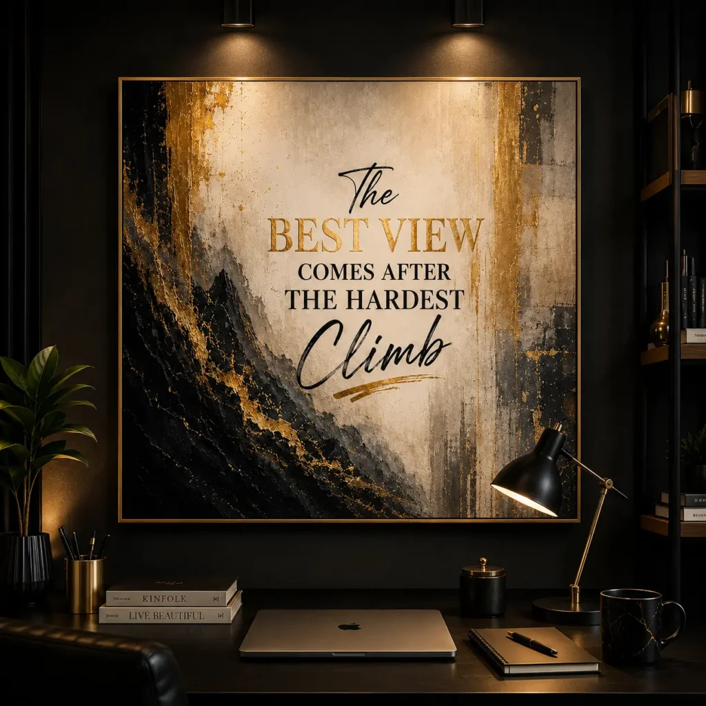 Luxury office with an inspirational gold and black quote painting