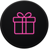 Gift box icon in pink outline on black circular background