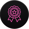 Premium quality badge icon in pink outline on black round background