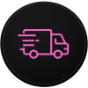 Delivery truck icon in pink neon outline on black round background